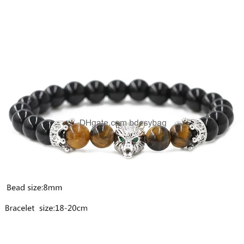 crown gems men and women bracelet wolf head natural stone stainless steel temperament fathers day gift bracelet 12pcs