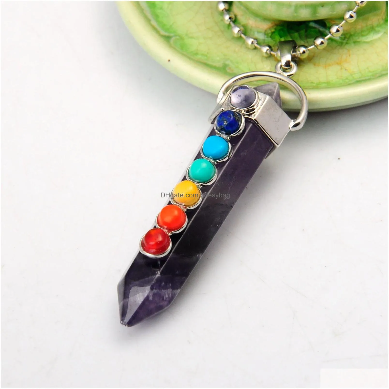 wholesales 2018 new style natural amethsyt reiki power gemstone necklace pendant with 7 crystal and silver findings 1pcs for fashion