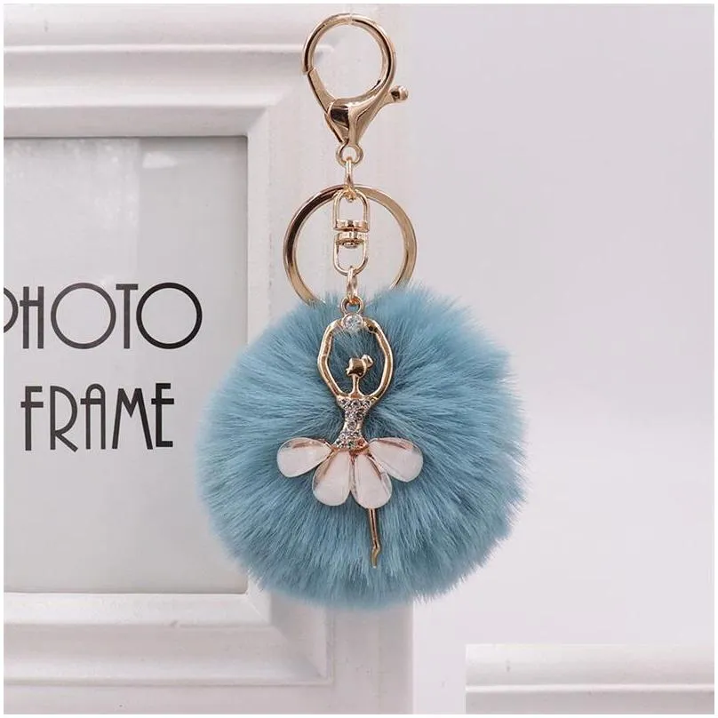 8cm women pompom plush key ring pom pom dancing angel keyring fluffy rex rabbit fur ball keychain handbag pendant charm 199 r2