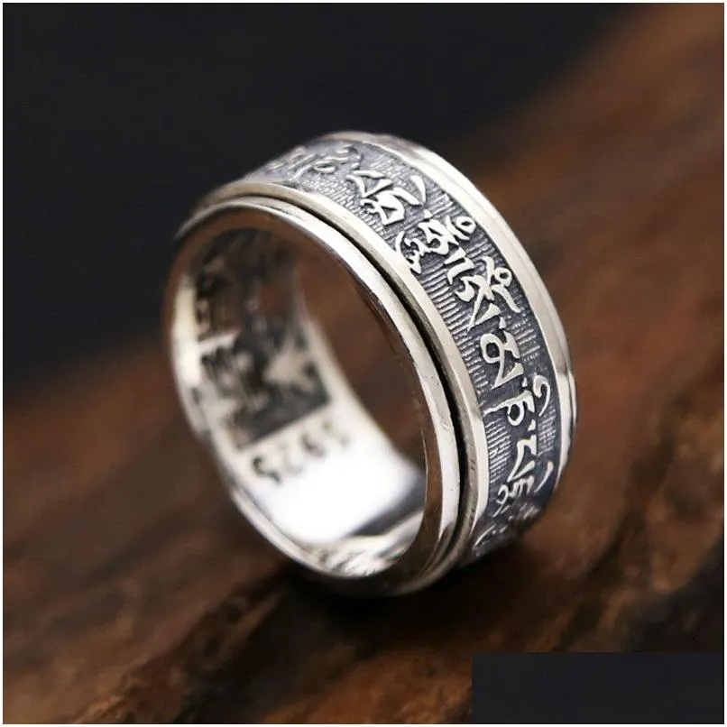 thailand silver real 925 sterling ring men tibetan buddhist heart sutra rotate ring fine jewelry vintage dragon