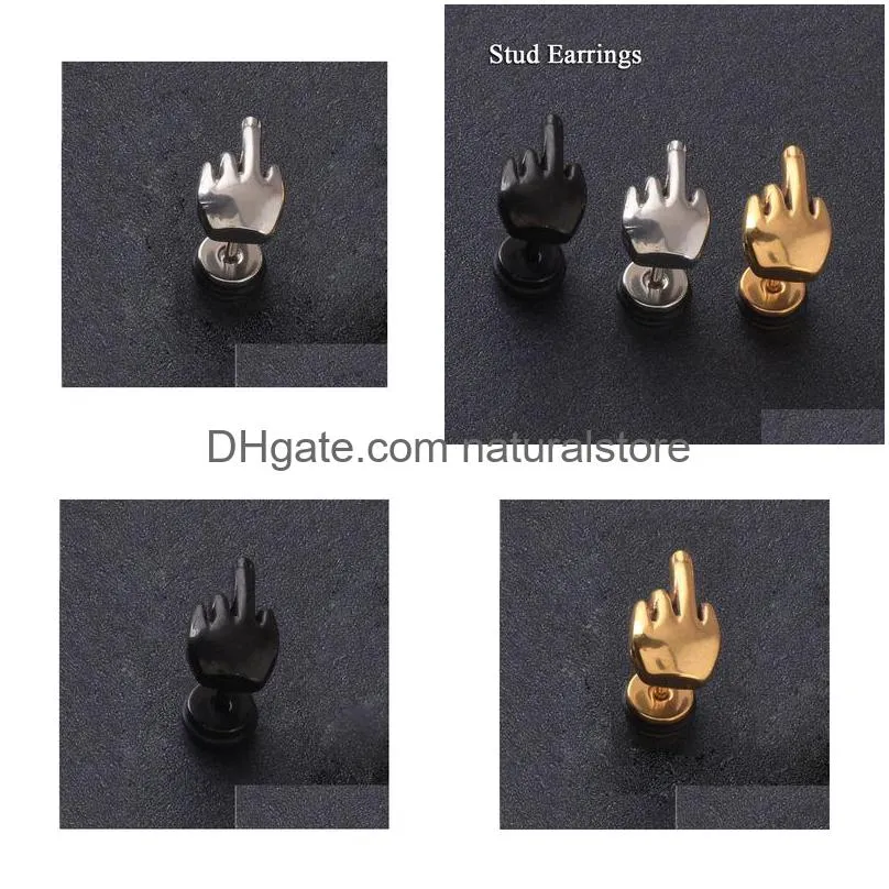 charm 2pcs middle finger shape men earrings summer style pierced stainless steel jewelry stud earring for men em0111