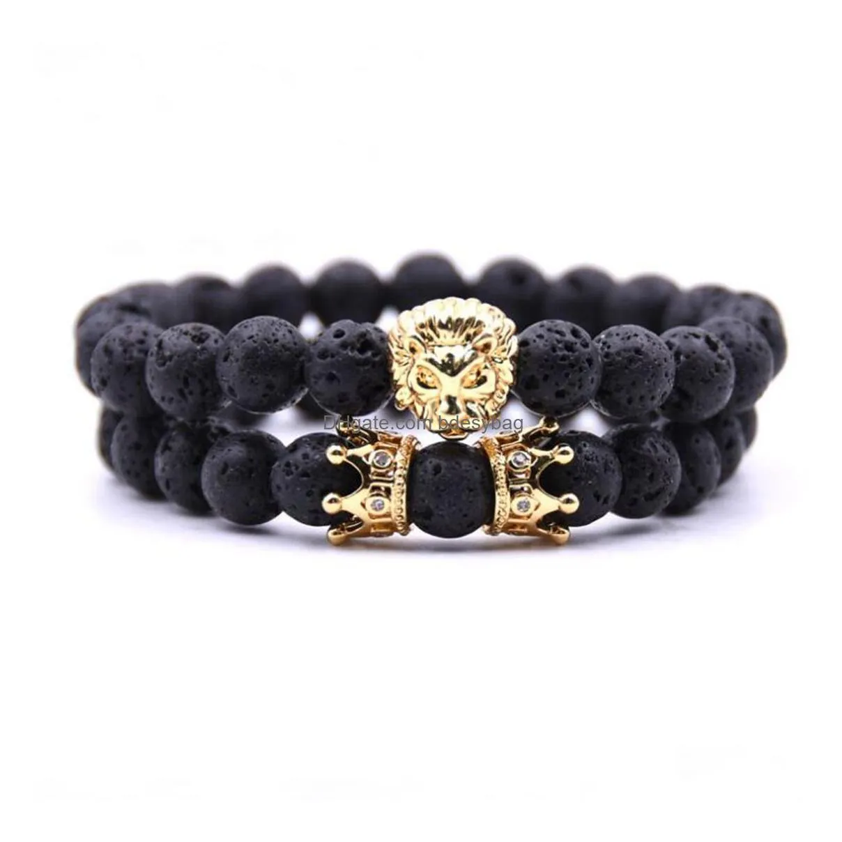 2 pcs/set animal king  head lava stone bracelet black natural stone crown couple braclet sets for men hand jewelry accessories