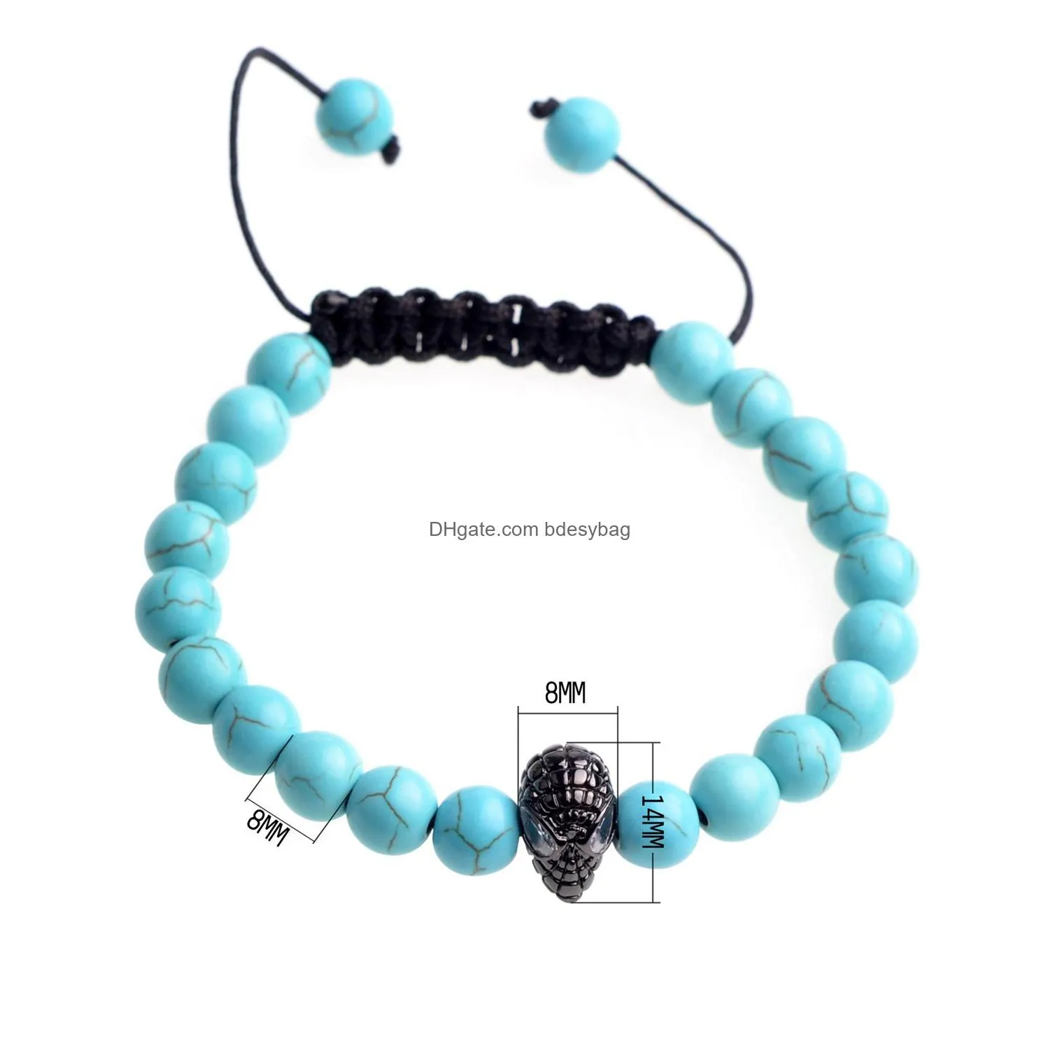 10pc/set custom mens jewelry newest design handmade woven adjustable alien bracelet with 8mm turquoise round beads for fashion