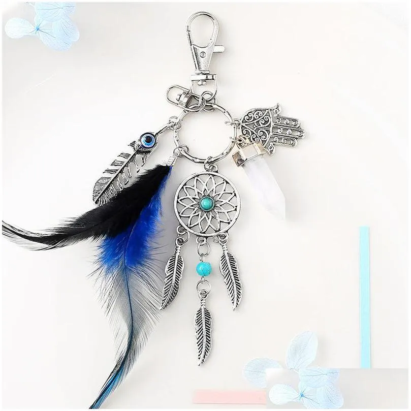 key rings new dream catcher keychains blue feather tassel hamsa hand evil eye keyring for wall car hanging decor amulet boho jewelry 1684