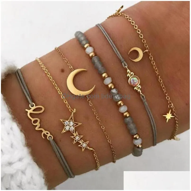 6pcs fashion simple love fivepointed star moon combination natural stone chain bead bracelet set handmade bohemian adjustable rope