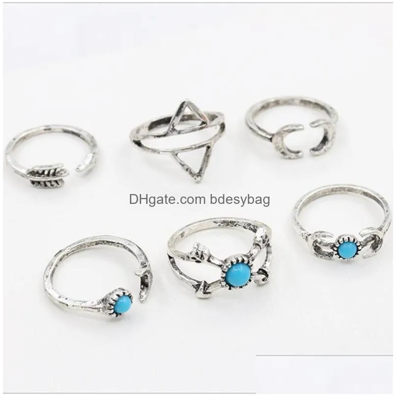 retro openwork flower gems geometry 7 piece set turquoise moon arrow loop fashion ring set bohemian stackable set for female girls