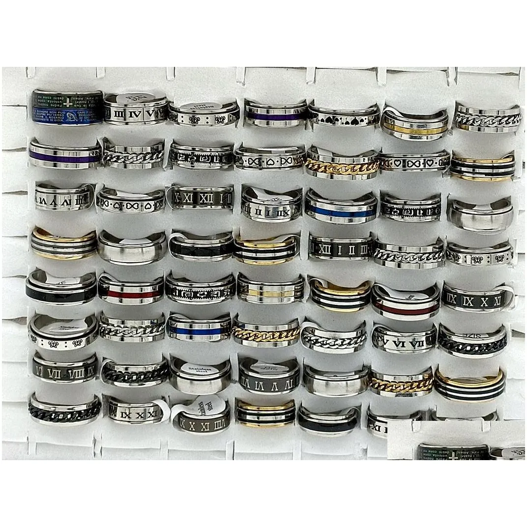 30pcs/lot design mix spinner ring rotate stainless steel men fashion spin ring male female punk jewelry party gift wholesale lots