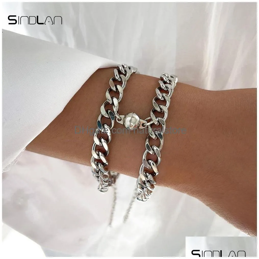 sindlan 2pcs punk silver color chain couple bracelet for women stainless steel romantic magnet men paired things fashion jewelry