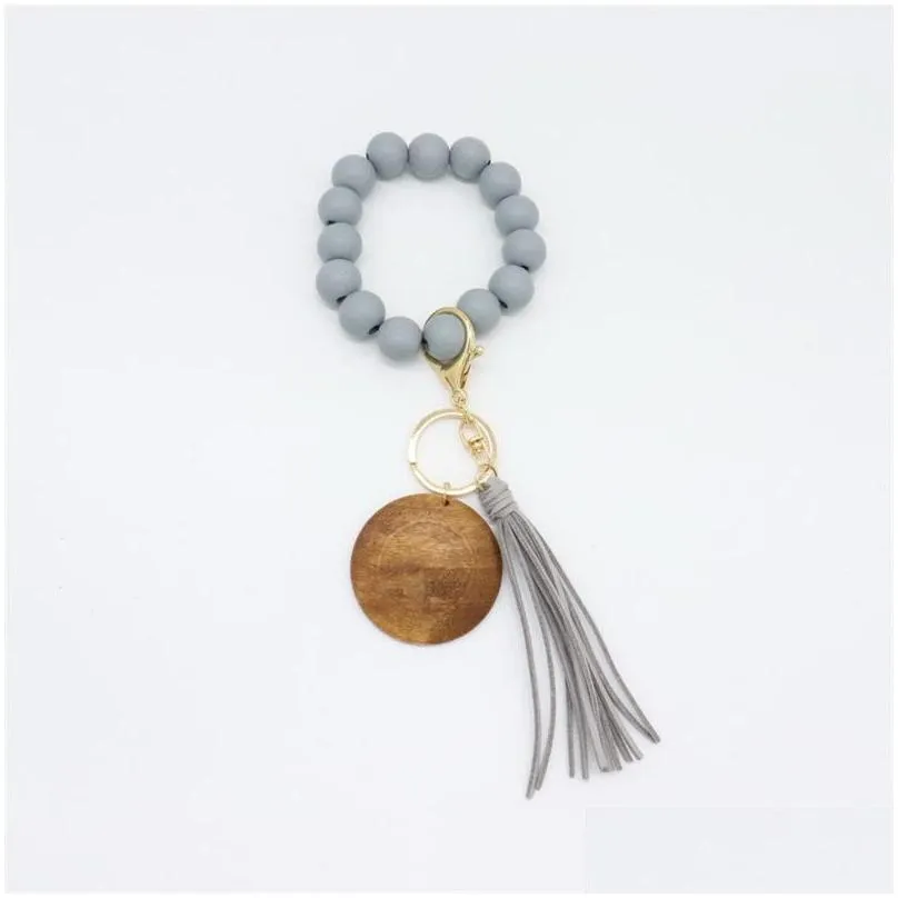 wood beaded key chain elastic force disc tassels bracelet keyring fashion distinctive jewelry for girls 6 8tw q2