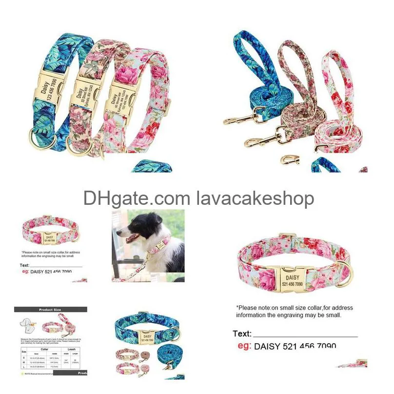 personalized floral dog collar and leash set custom small medium large dog pet id collar lead flower print dog engraved collars x0703