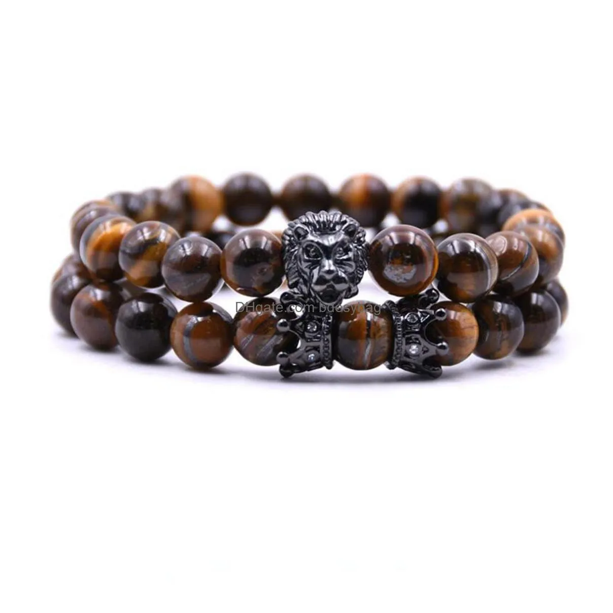 2 pcs/set animal king  head tiger eye bracelet black natural stone crown couple braclet sets for men hand jewelry accessories