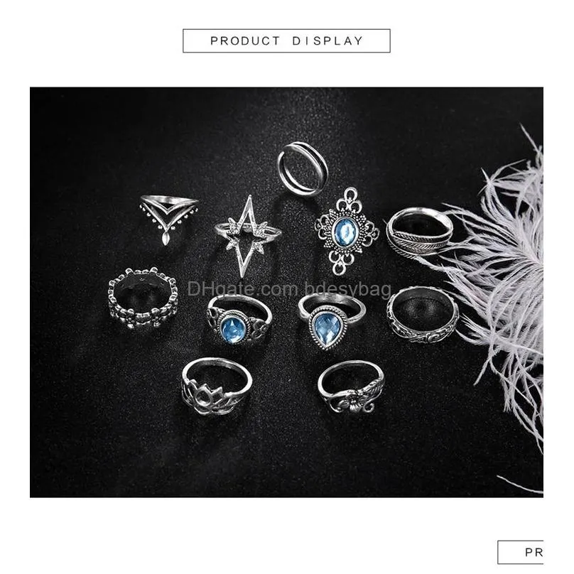 knuckle ring set retro diamond carved starry gemstone 11 piece set boho can be superimposed ring female silver