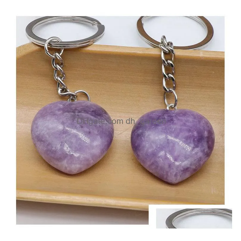 lots stone key rings 30mm love heart charms healing crystal agate keyrings for women men