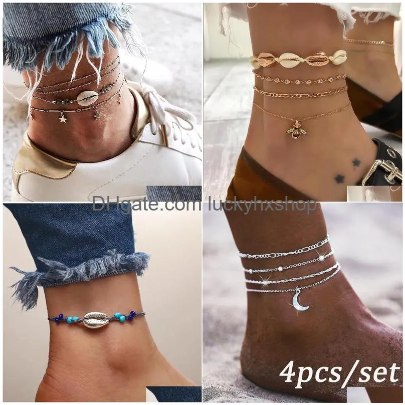 women multi layer moon anklets barefoot crochet sandals foot chain jewelry ankle foot anklets bracelets for women leg chain