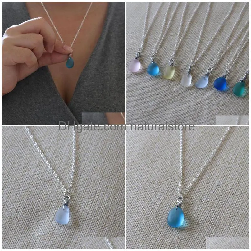 1pcs 1216mm sea glass necklace with silver color natural sea glass pendant beach necklace boho jewelry for women gift