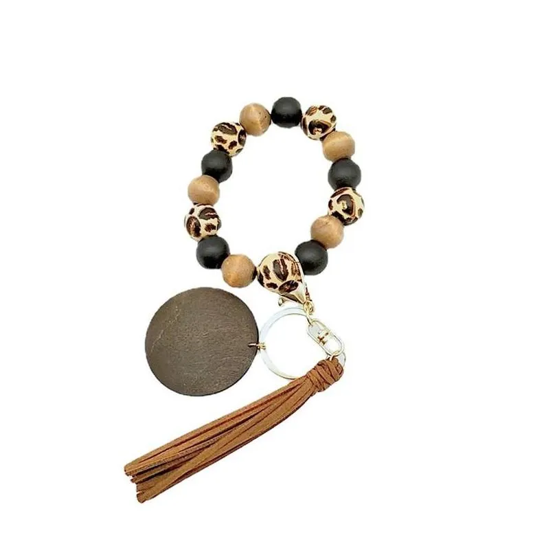 kimter leopard wood beads bracelet key ring with tassel circle fashion elastic keychains for lady handbag pendant jewelry 2184 q2
