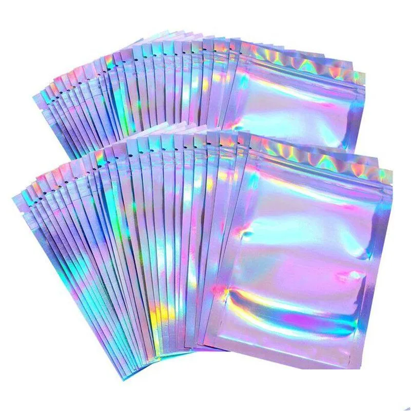resealable smell proof bags mylar foil pouch flat zipper bag laser rainbow holographic color packaging for party favor food
