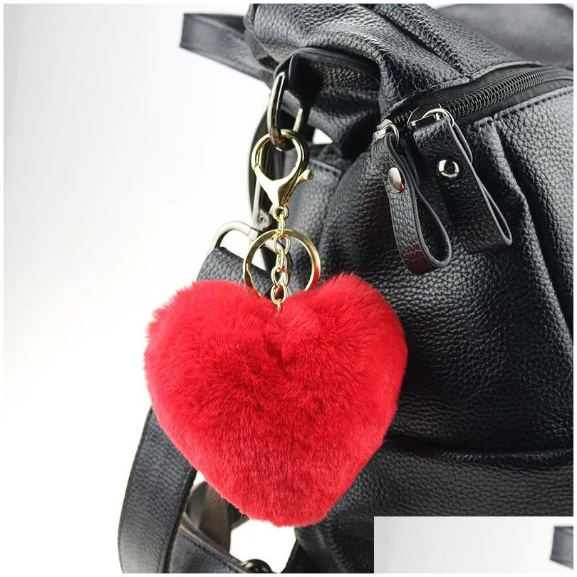 imitation rex rabbit hair key rings fluffy pompom ball fashion metal key chain love heart shaped bag pendants 2 1ll j2b
