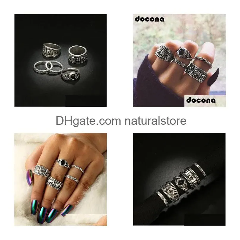 boho silver color elephant flower knuckle midi ring set for women vintage black rhinestone finger rings 5pcs/1set 6222