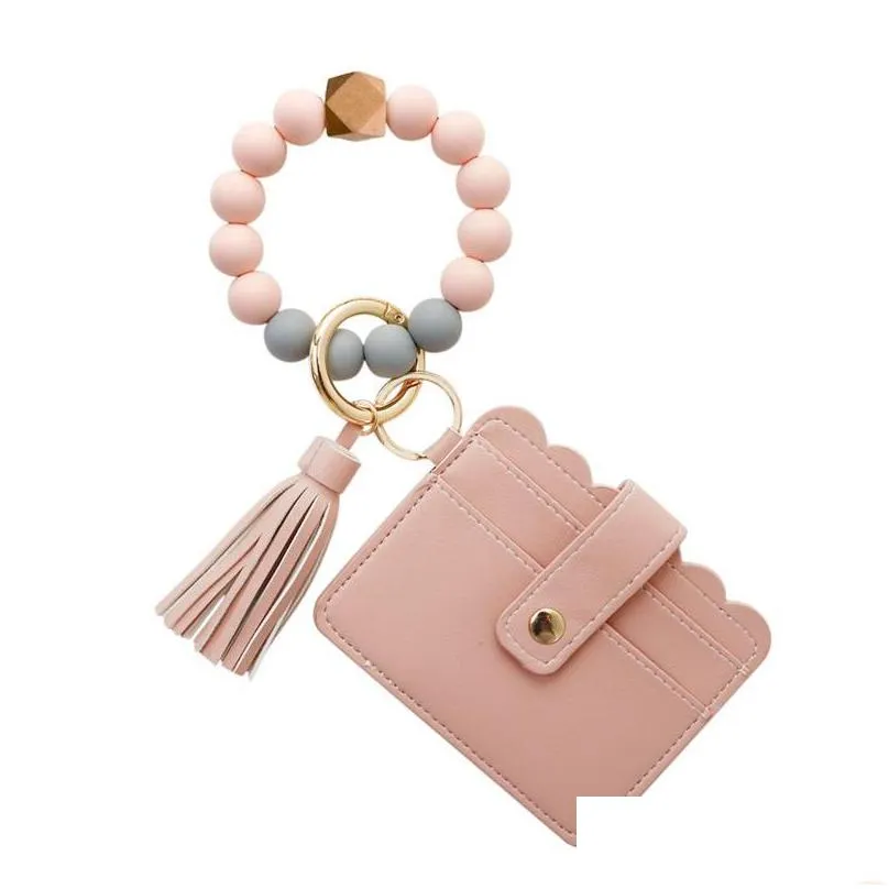 7 styles food grade silicone bead chain key ring pu fringed tassel card bag bracelets bracelet keychain party supplies 2375 y2