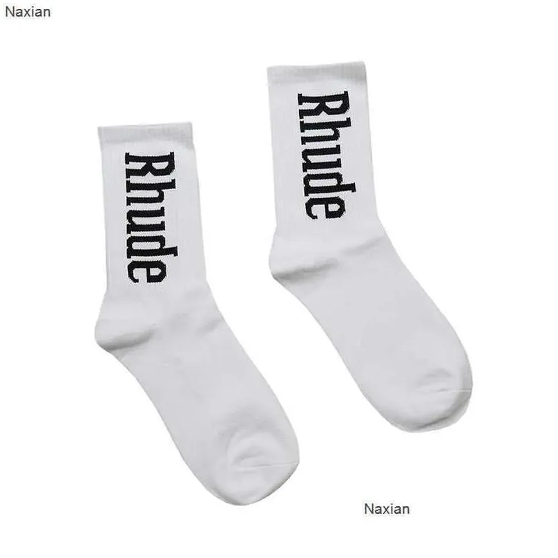 simple letter high quality cotton european american street trend men and women rhude couple intube socks for