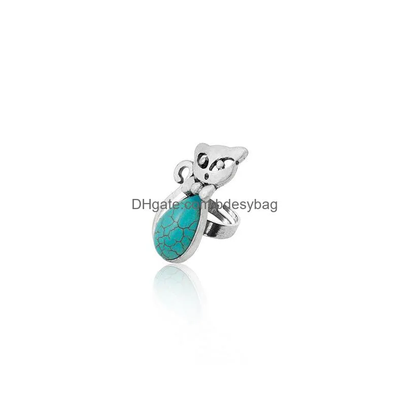 europe and america ring green pine ancient silver retro bow kitten shape turquoise female ring
