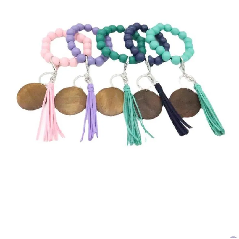 wood beaded key chain elastic force disc tassels bracelet keyring fashion distinctive jewelry for girls 6 8tw q2