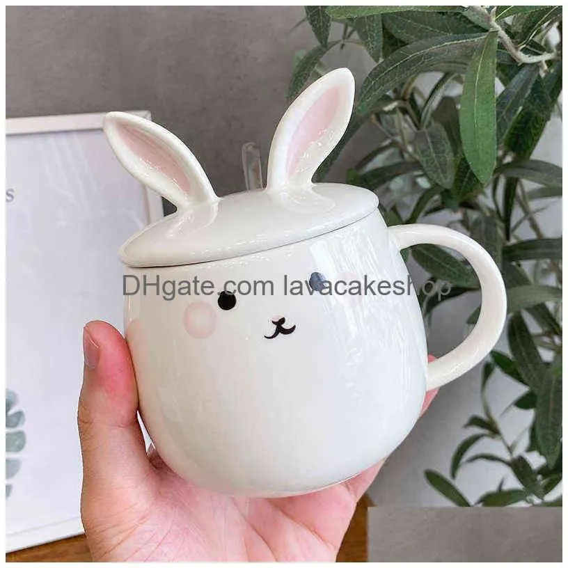 cartoon rabbit with lid spoon ceramic cup coffee breakfast cup mug cute student couple cup with lid and spoon g1126