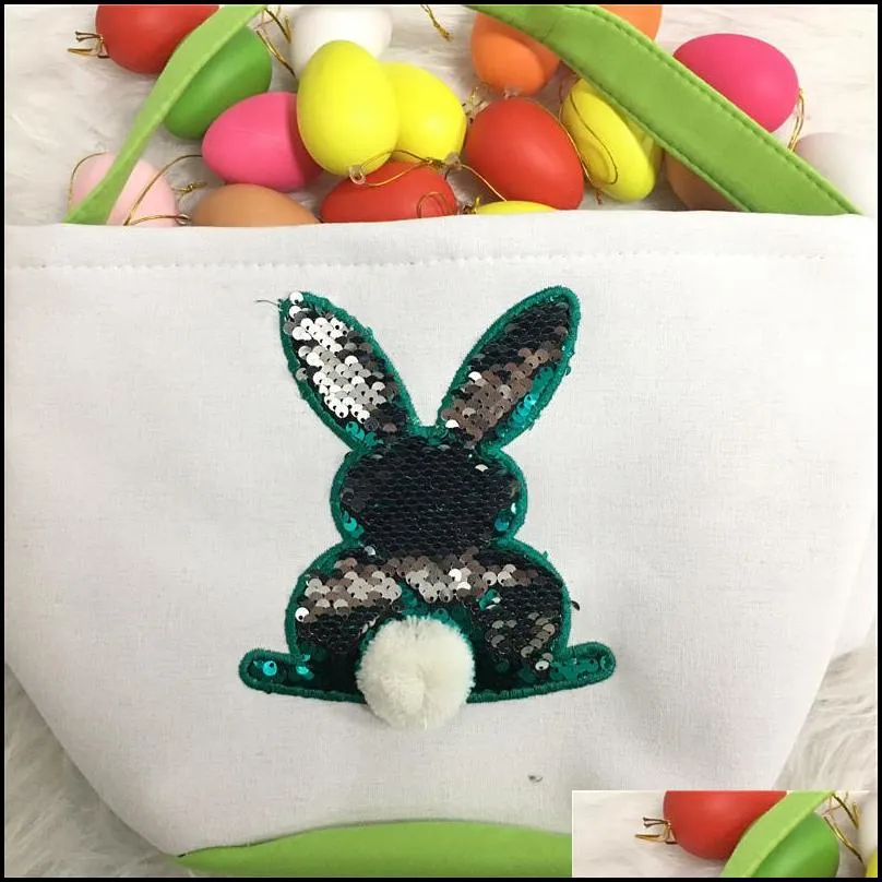 party bunny easter basket 4 colors canvas sequin reversible rabbit bucket kids candy egg storage bag with round tail festival supplies