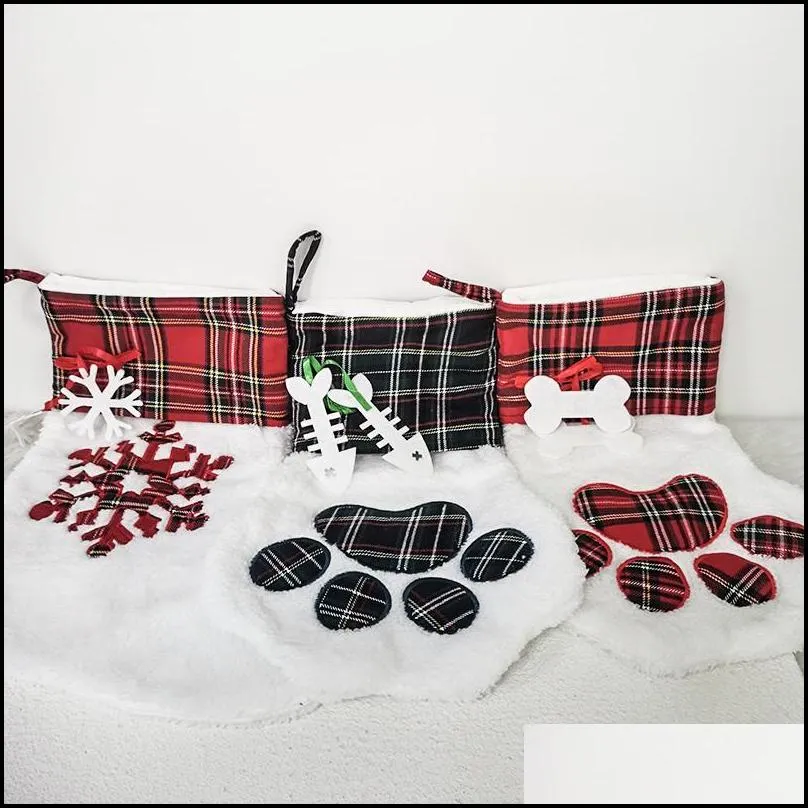christmas stocking pet cat paw sock cotton red grid stockings xmas tree hanging pendent children candy gift bag
