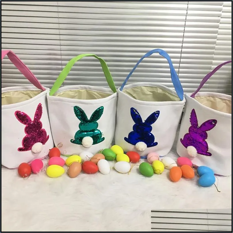 party bunny easter basket 4 colors canvas sequin reversible rabbit bucket kids candy egg storage bag with round tail festival supplies