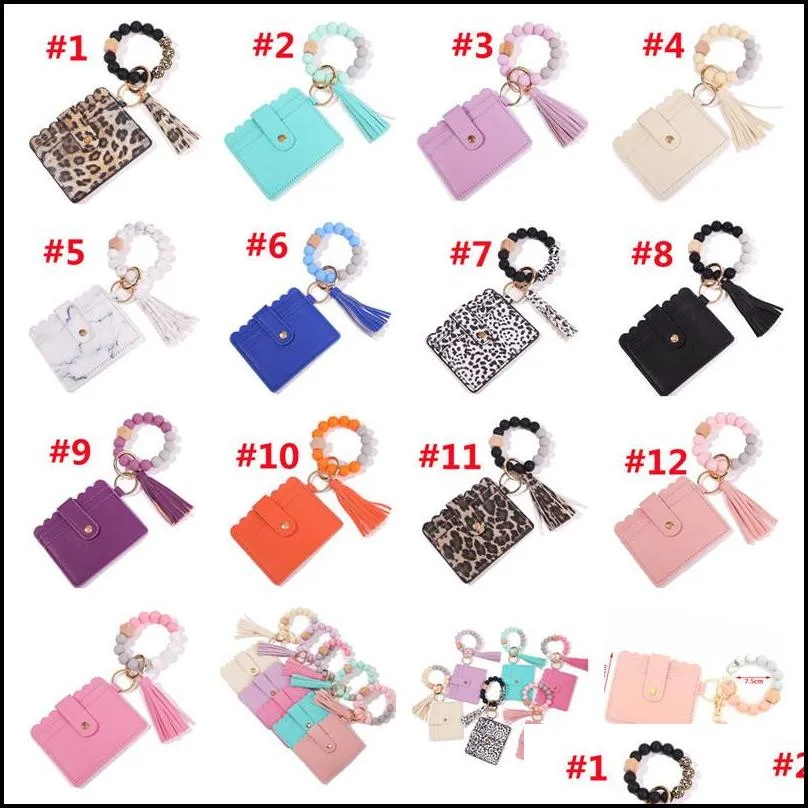 multicolor passport holder favor silicone beaded bracelet leather tassel keyring elastic bead bangle marbling card case wallet