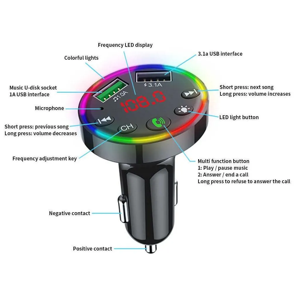 car bluetooth fm transmitter 7 colors led backlit car radio mp3 music player atmosphere light audio receiver usb charger2023950