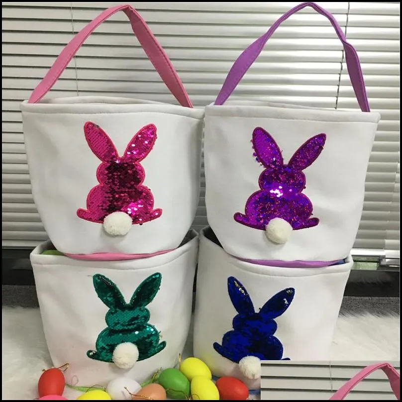 party bunny easter basket 4 colors canvas sequin reversible rabbit bucket kids candy egg storage bag with round tail festival supplies