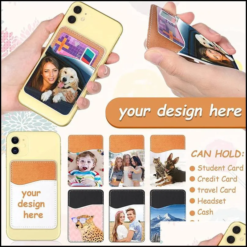 sublimation card holder favor pu leather mobile phone back sticker with adhesive white blank money pocket credit cards covers christmas