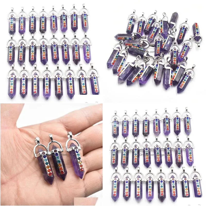 natural stone pendants 7 chakra rhinestone amethyst hexagon prism charms for jewelry making necklace accessories wholesale