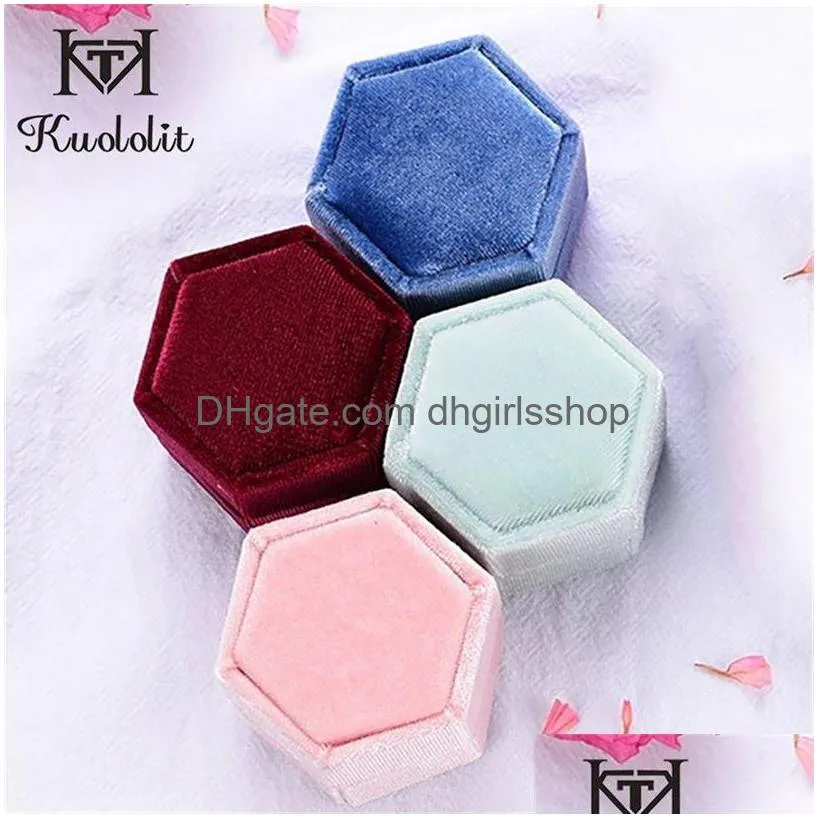 kuololit 5pc/lot velvet hexagon jewelry boxes for women red pink green blue ring boxes for wedding engagement bridal gift new t200808