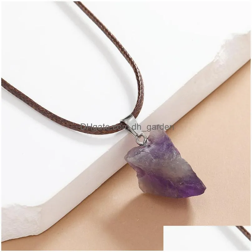 natural irregular rough raw fluorite stone pendant healing crystal gemstone brown rope chain necklace women jewelry