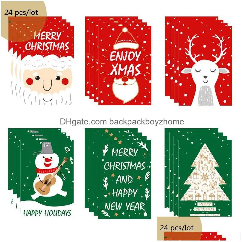 24 pcs/lot christmas cards set xmas santa bell elk sowman cartoon postcards diy new year greeting cards xmas gift