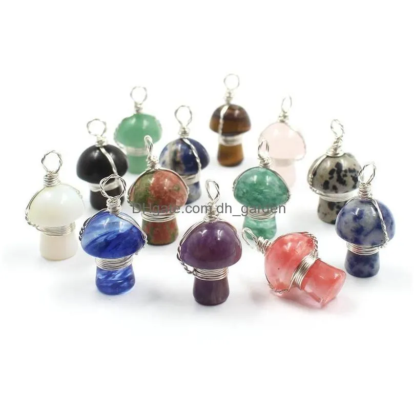 lots copper wire wrap mushroom charms natural stone quartz crystal amethysts tiger eye pendant for necklaces earrings jewelry making