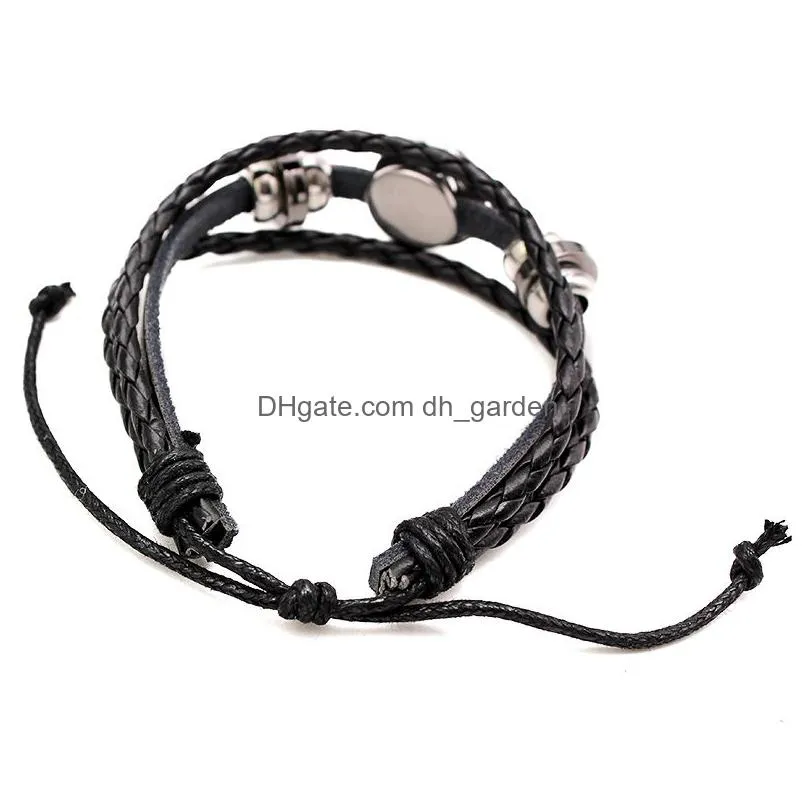 fashion multilayer black leather bracelet fit 5mm metal button adjustable knot beads bracelet diy casual snap button jewelry gifts