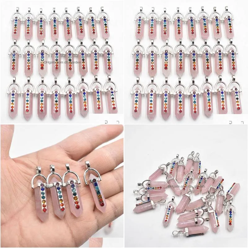 natural stone pendants 7 chakra rhinestone rose quartz hexagon prism charms for jewelry making necklace accessories wholesale