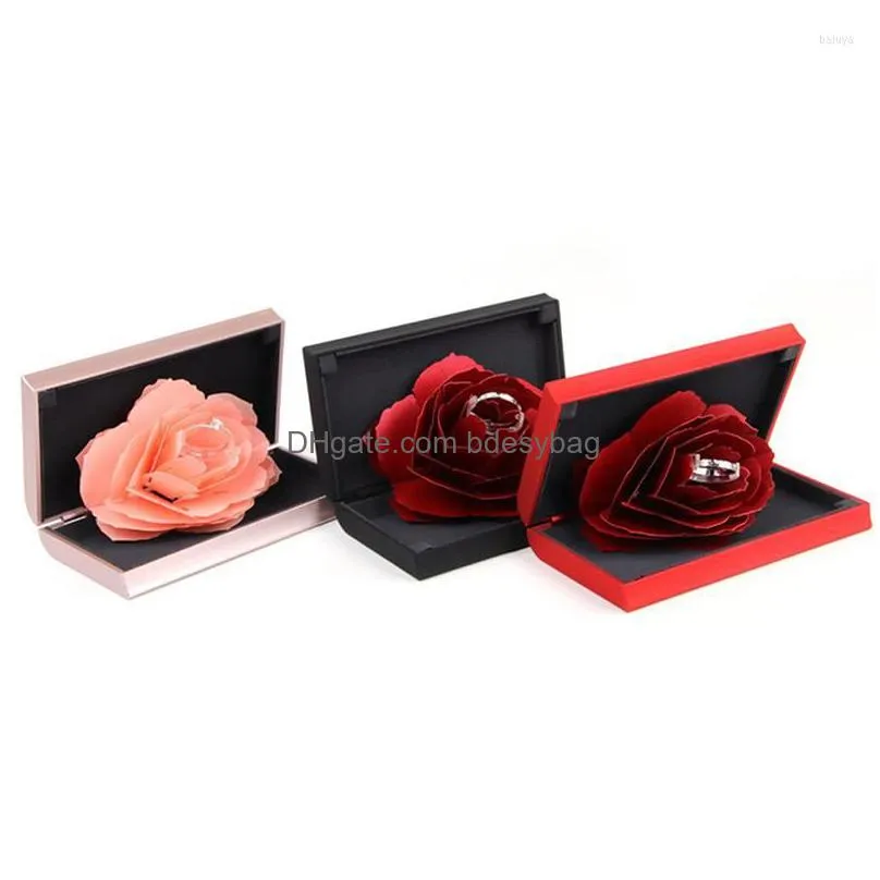 gift wrap beautiful 3d up rose ring box wedding engagement jewelry storage rectangular proposal rotating flower