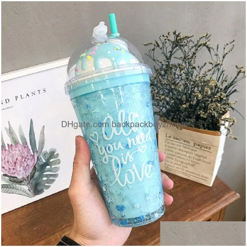 ice cream lids plastic water cups with straw kids couple milk juice drinks bottles doublelayer plastic mug