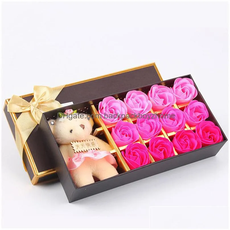 12 pcs rose gift box romantic artificial rose soap flower with toy bear gift box mothers day valentines day rose gift