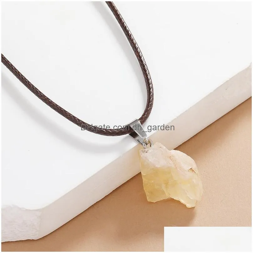 natural irregular rough raw fluorite stone pendant healing crystal gemstone brown rope chain necklace women jewelry