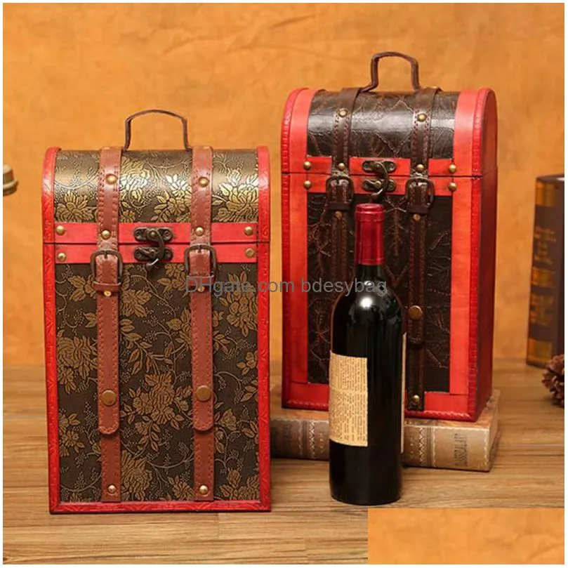 gift wrap retro packaging box chinese style wooden case pu leather double bottles container for party banquet ceremony