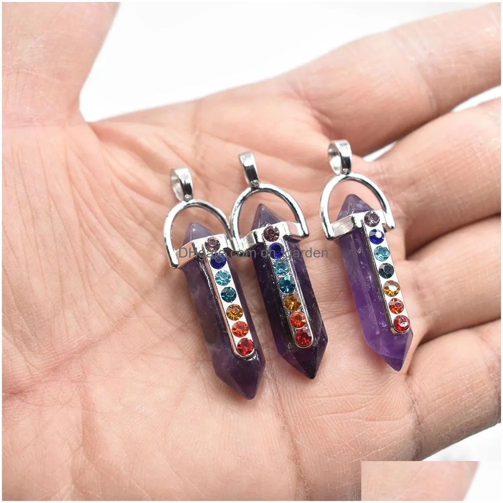 natural stone pendants 7 chakra rhinestone amethyst hexagon prism charms for jewelry making necklace accessories wholesale