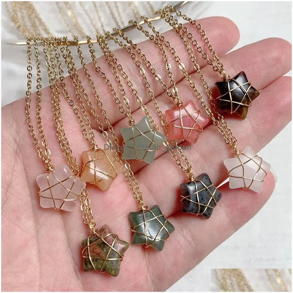 natural stone wire wrap star pendant reiki healing crystal tiger eye quartz aventurines necklace for women jewelry