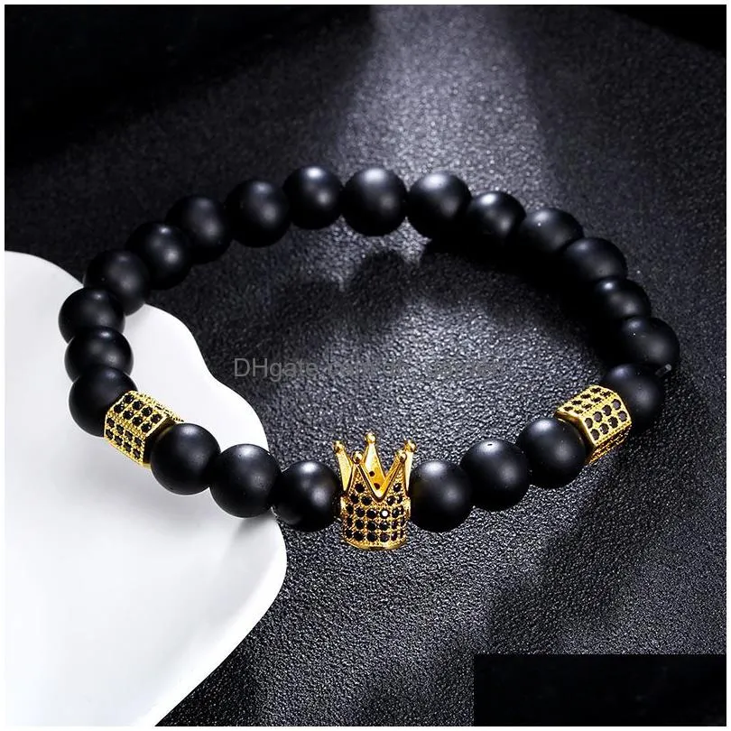 luxury high quality micro pave black cz zirconia gold king crown charm bracelet men dull polish matte stone bead bracelet handmade